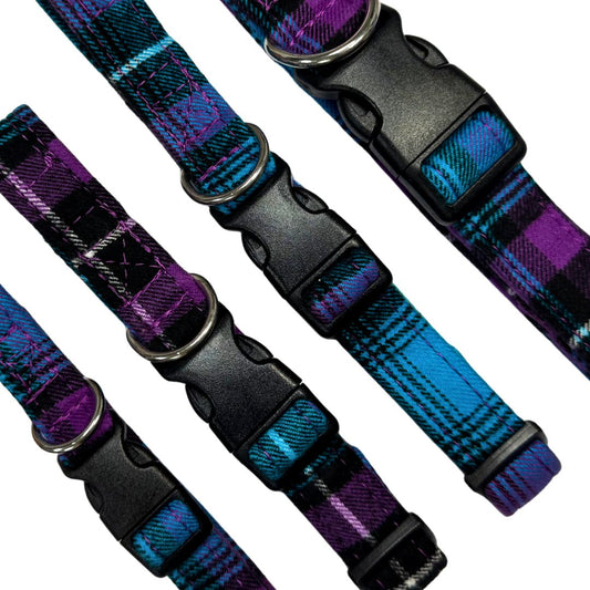 Close up of four plaid-patterned dog collars in blue and purple with black buckles 