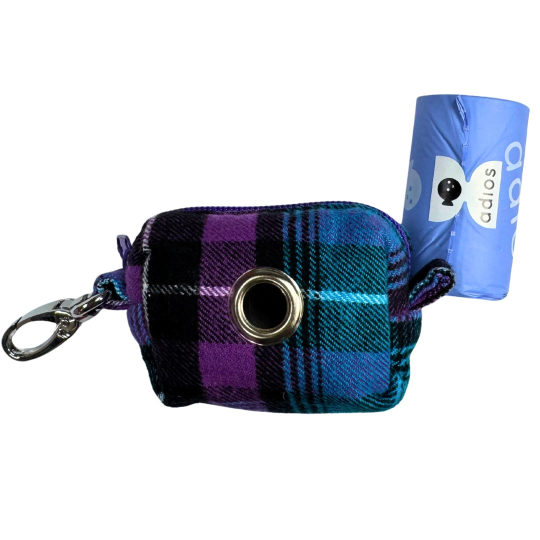 Blue and Purple Plaid patterned poo bag holder with keychain and Adios poo bags.
