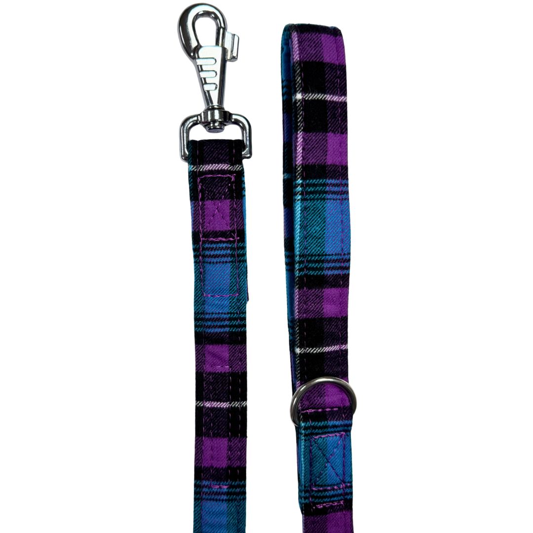 Plaid blue and purple dog leash with metal clip