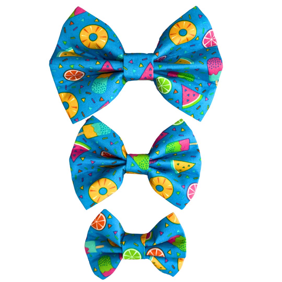 Three colourful dog bow with summer themed pattern
