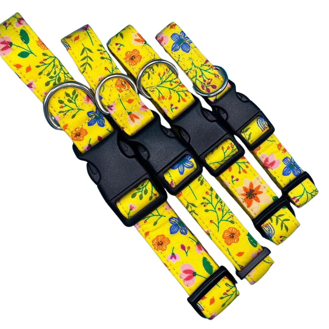 Four yellow dog collars with a floral pattern, a silver metal D ring, plastic tri-glide adjustor, and a plastic clip