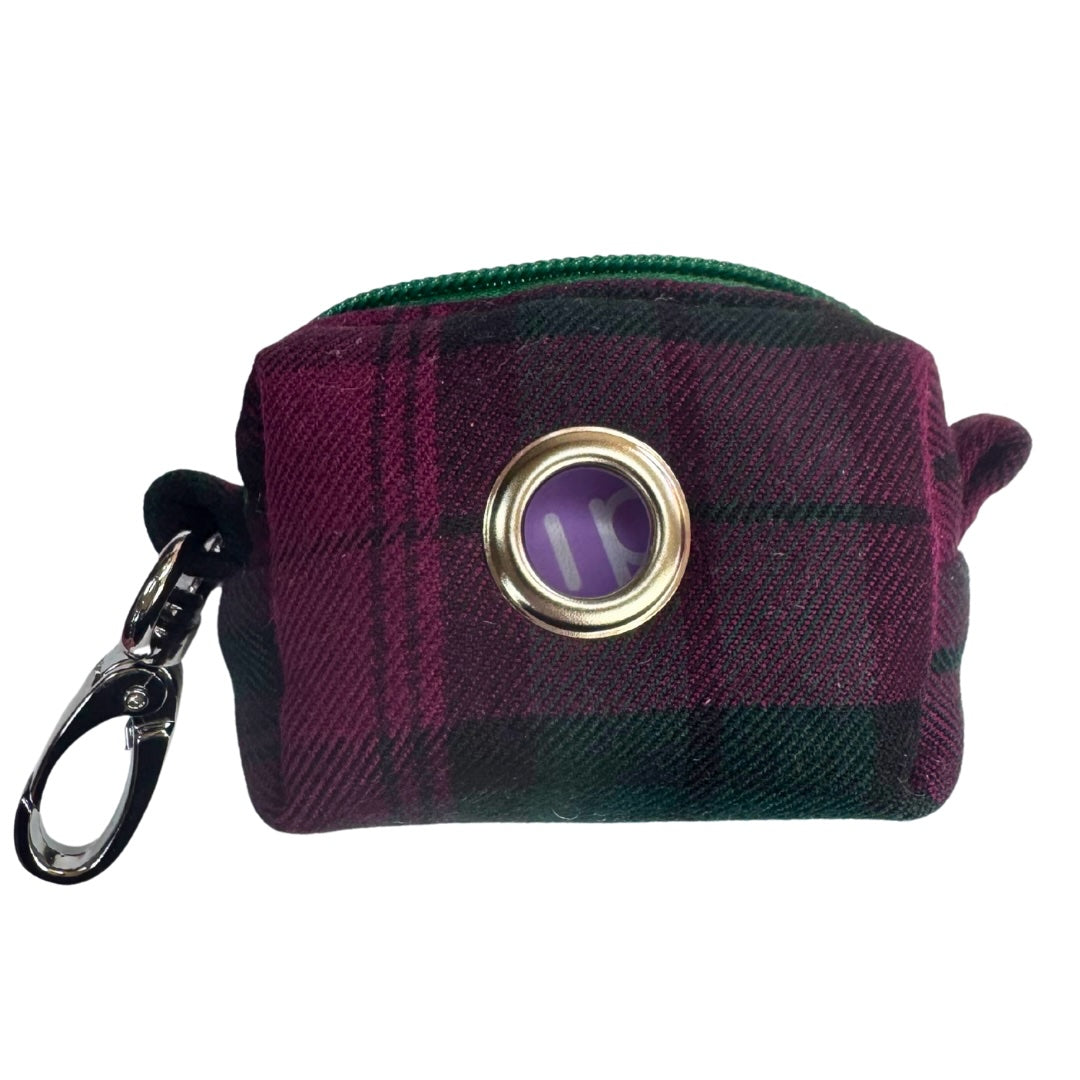 Plum and green tartan patterned poo bag holder with metal clasp