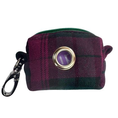 Plum and green tartan patterned poo bag holder with metal clasp