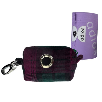 Purple and green tartan poo bag holder with keychain and purple roll of adios poo bags