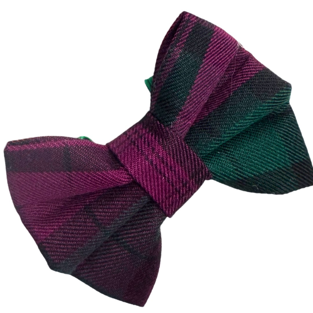 Tartan dog bow with green and purple or plum stripes