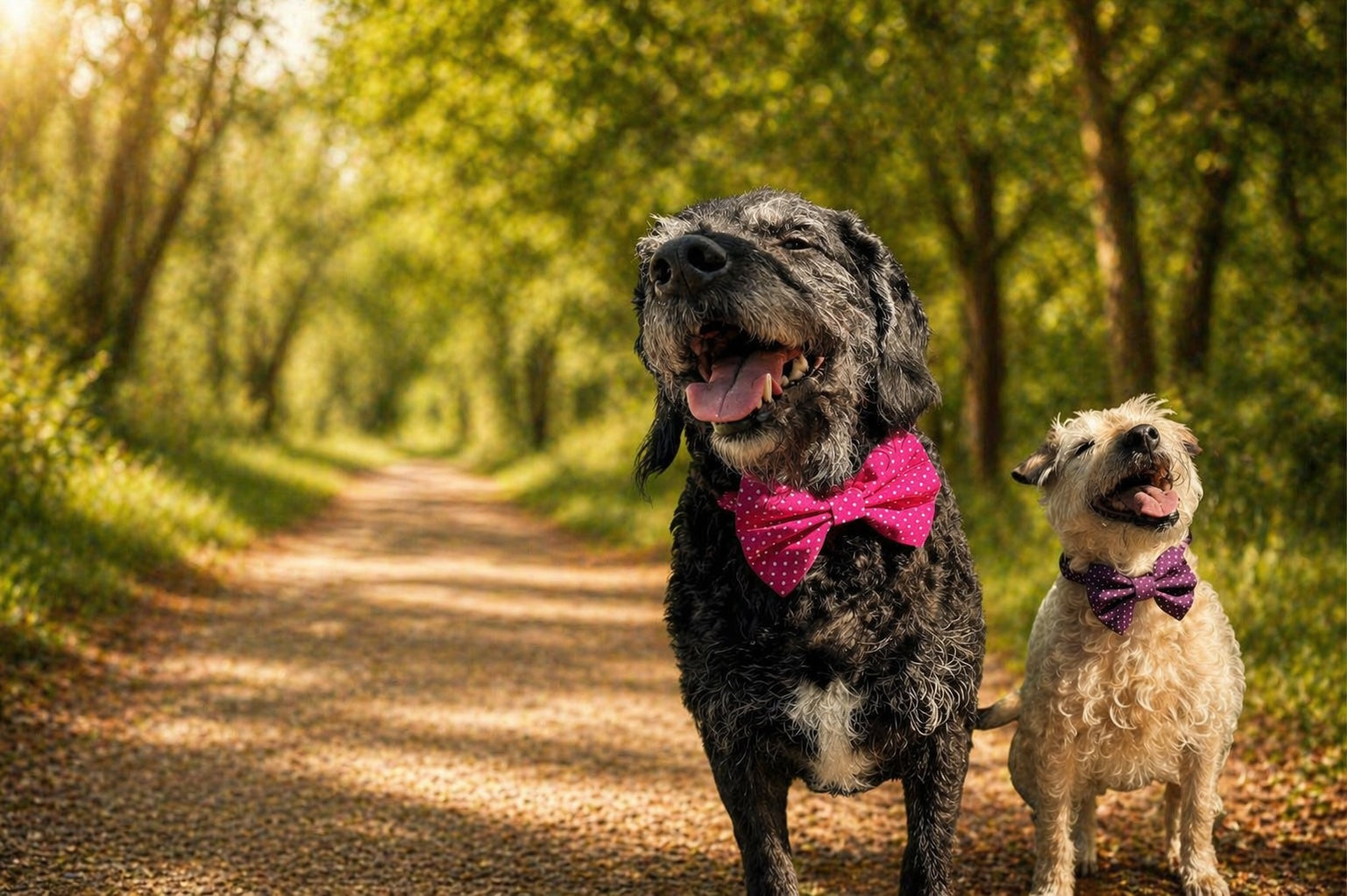 Two dogs wearing bow ties standing on a path in a forest