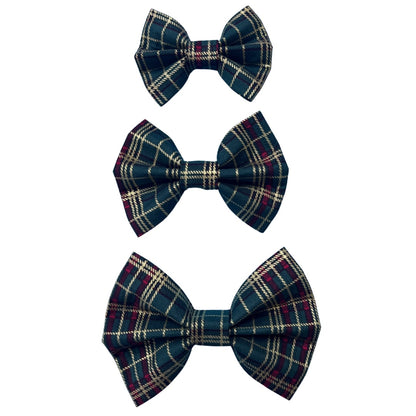 Three green tartan Christmas dog bow with a plaid red and gold pattern