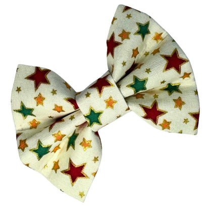 Christmas pet bow tie with red, green and yellow star pattern