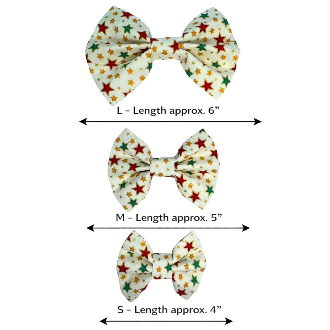 Three colourful Christmas star-patterned dog bows with measurements