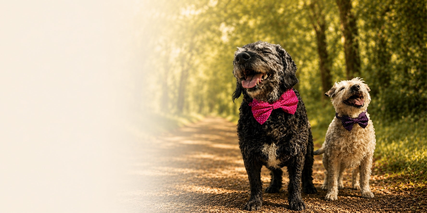 Two dogs, one with a pink bow tie and the other with a purple bow tie, standing on a path in a forest.