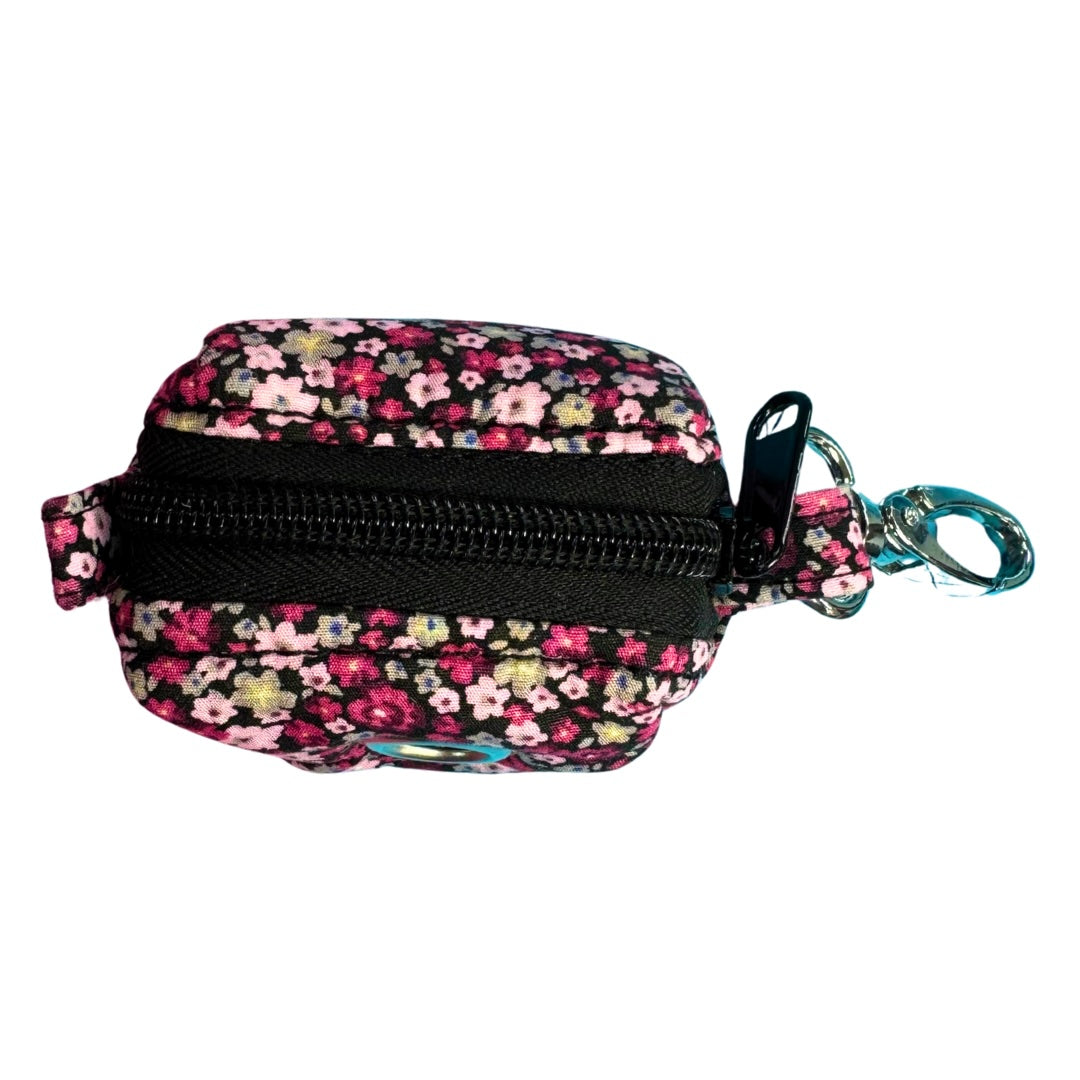 Cherry Blossom Floral patterned keychain Poo Bag Holder pouch with a black zipper on a white background