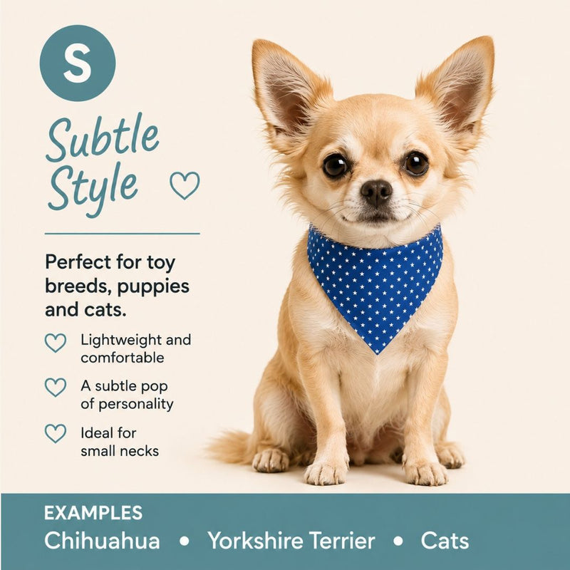 A small tan Chihuahua wearing a blue bandana with white polka dots, seated on a light beige background with product text reading 'Subtle Style' and 'Examples: Chihuahua, Yorkshire Terrier, Cats.'.