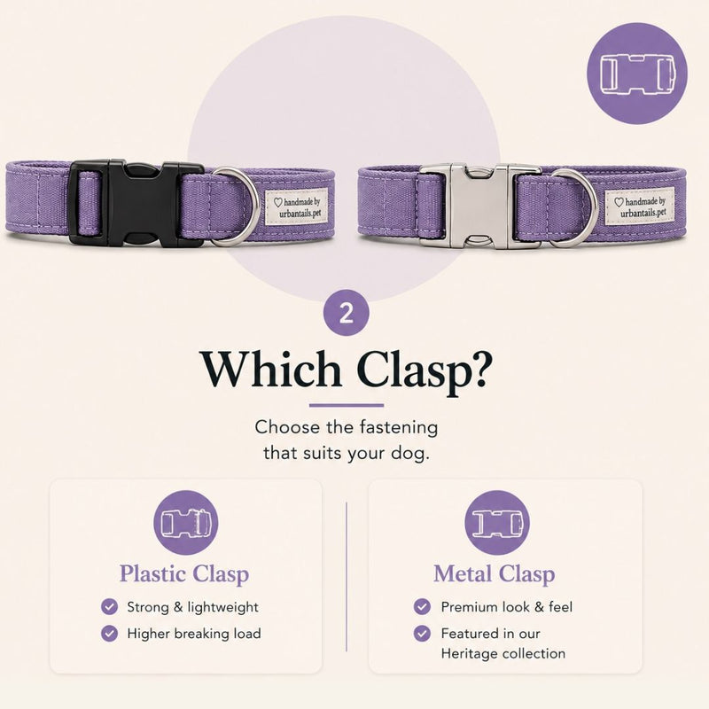 A product comparison graphic for dog collars showing two purple fabric collars with different clasp options: a black plastic clasp on the left and a silver metal clasp on the right. The graphic includes text reading 'Which Clasp?' and two labeled panels for 'Plastic Clasp' and 'Metal Clasp'