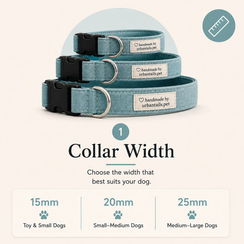 Three light blue fabric dog collars stacked vertically on a cream background, with text reading 'Collar Width' and width options for toy/small, small-medium, and medium-large dogs. A small ruler icon appears in the top right.
