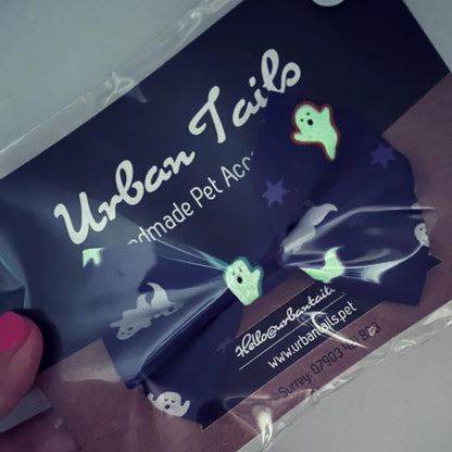 Halloween themed glow in the dark ghosts dog bow.