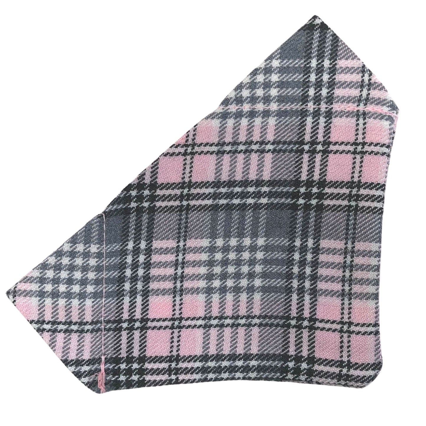 A pink, grey, and black tartan bandana designed for dogs.