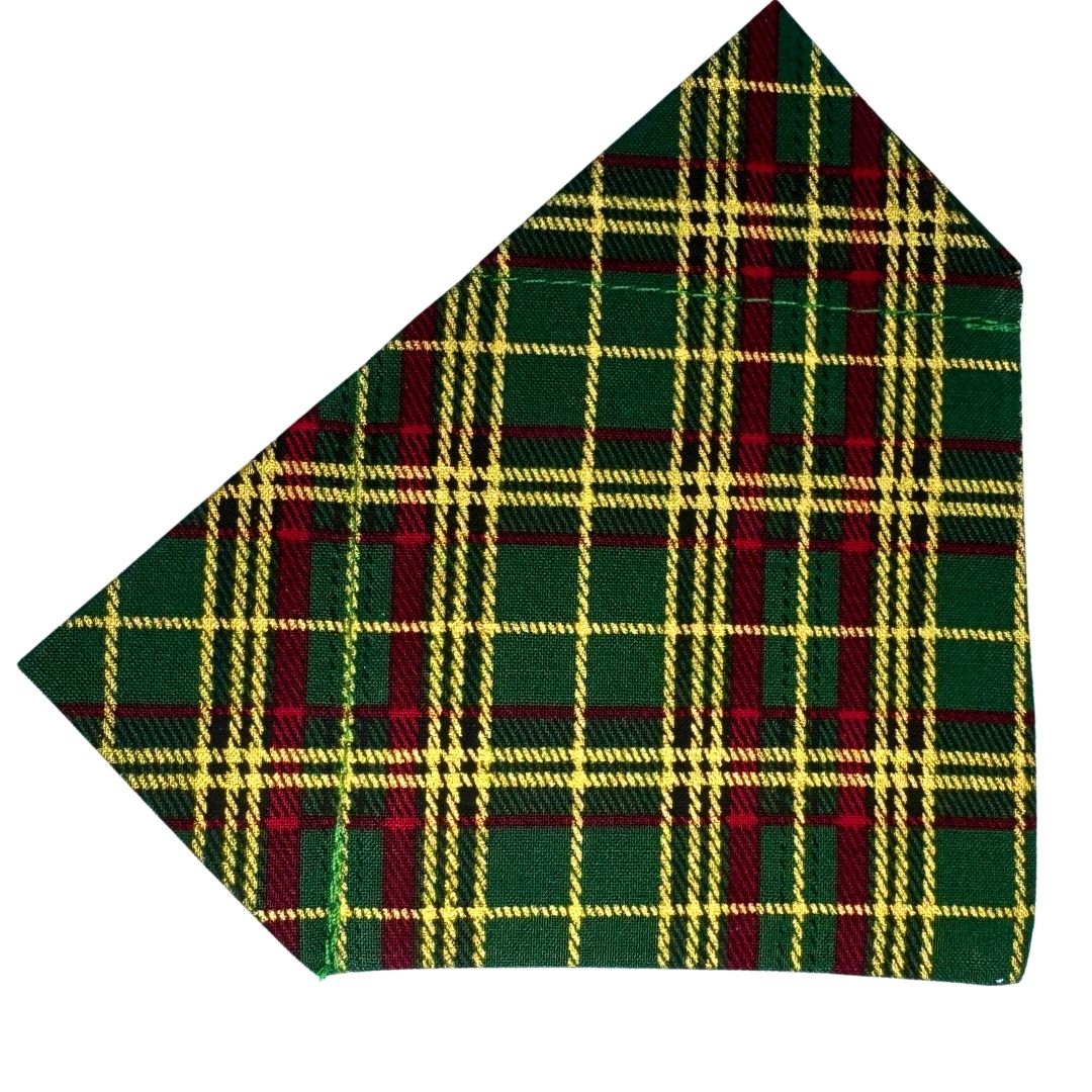 Plaid fabric with green, red, and gold pattern