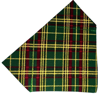 Plaid fabric with green, red, and gold pattern
