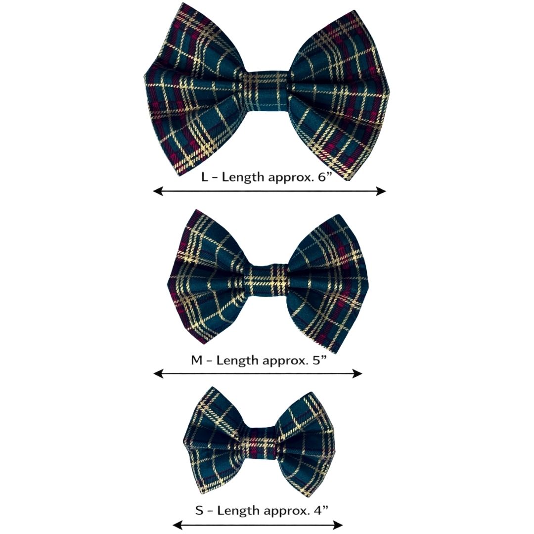 Three plaid bow ties with measurements 