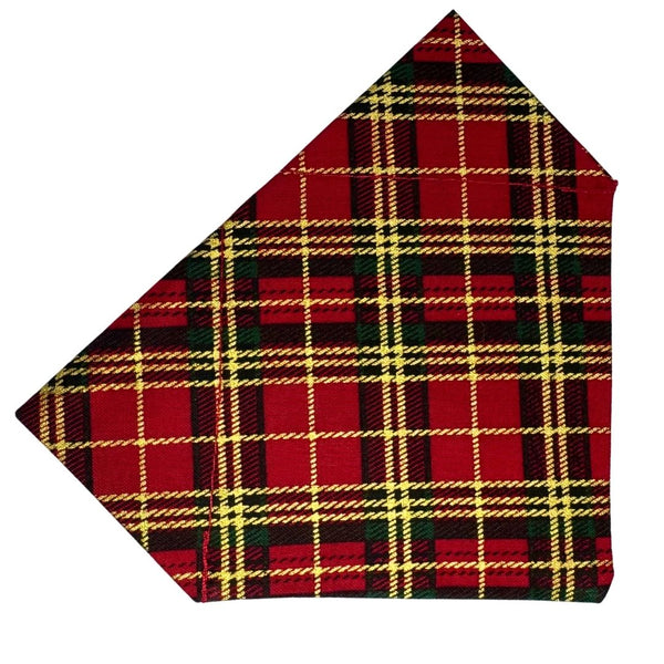 Red, green, and gold plaid patterned Christmas dog bandana