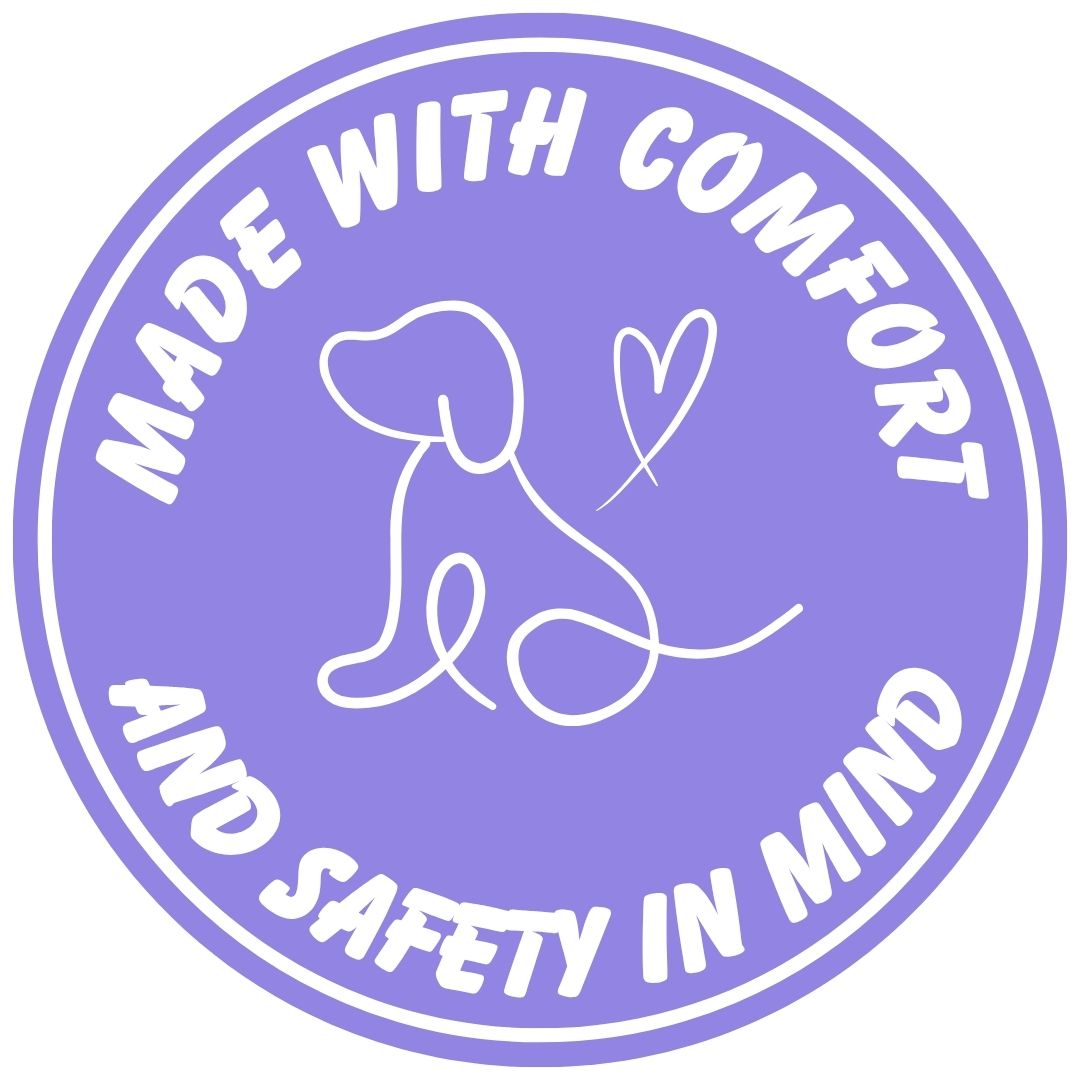 Circular logo with a dog illustration and text 'Made with Comfort and Safety in Mind' on a purple background