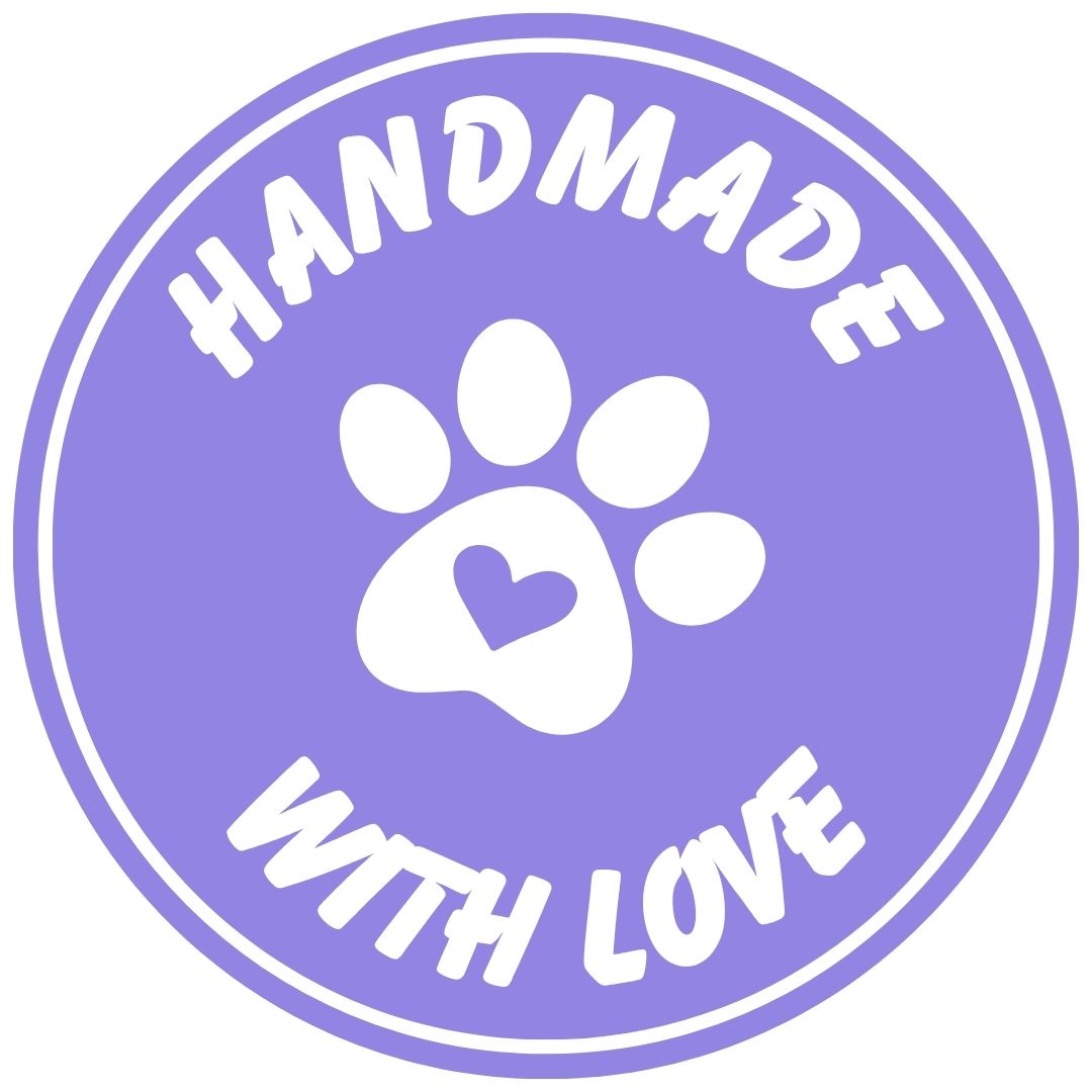 Circular logo with paw print and 'Handmade with Love' text on a purple background