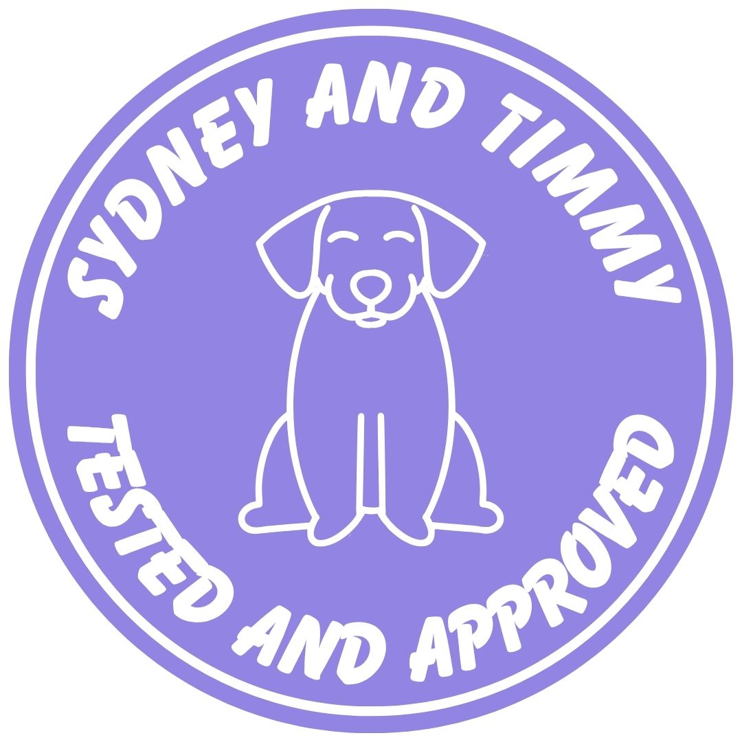 Circular logo with a dog illustration and text 'Sydney and Timmy Tested and Approved' on a purple background