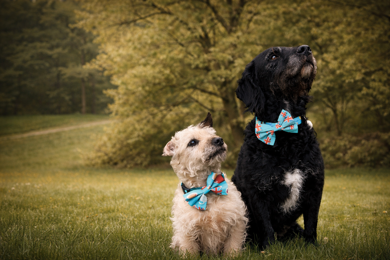 Two dogs wearing blue bow ties sitting on grass with trees in the background